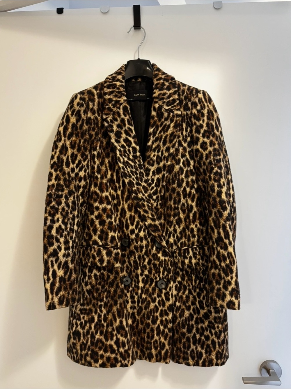 Zara Leopard-Print Jacquard Double-Breasted Pea Coat - Brown/Black/Cream